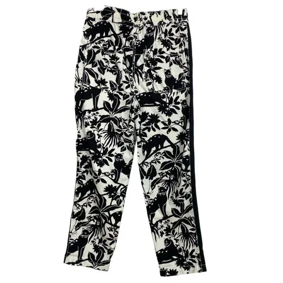 MAEVE BY ANTHROPOLOGIE TENLEY BLACK WHITE JUNGLE ANIMAL PRINT TWILL TRACK PANTS - Picture 5 of 11